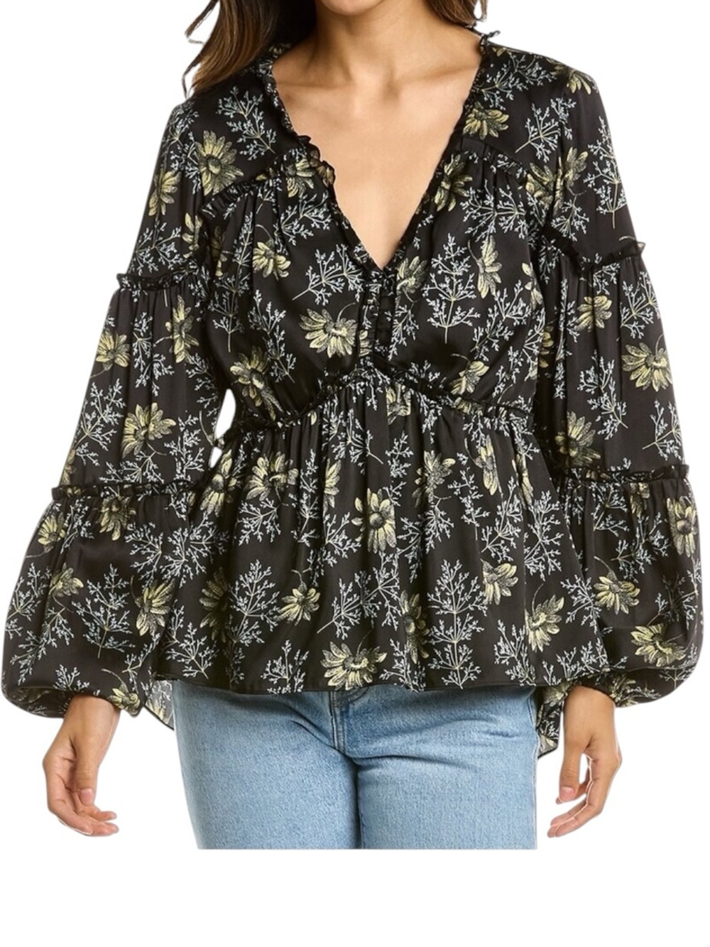 NWT Cinq A Sept Simmons Satin Floral Bishop's Sleeve V-Neck Peplum Top, Size S